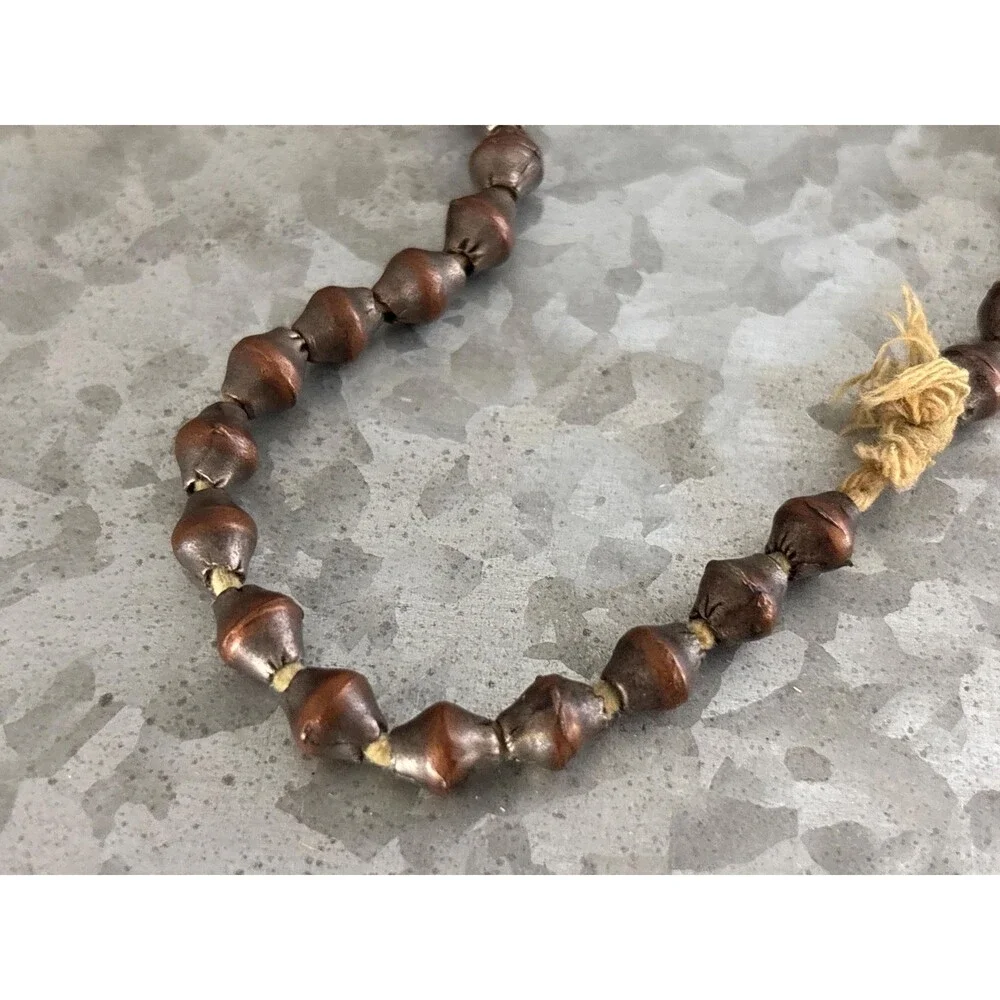 Vintage Hand Strung Metal Beaded Necklace Aged Copper Toned Beads Fiber Cord